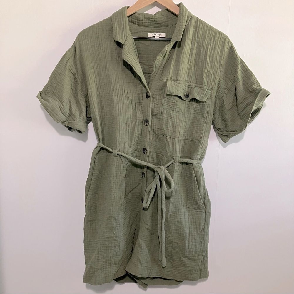 Madewell Soft Cotton Olive Green Button-Up Romper Size Small